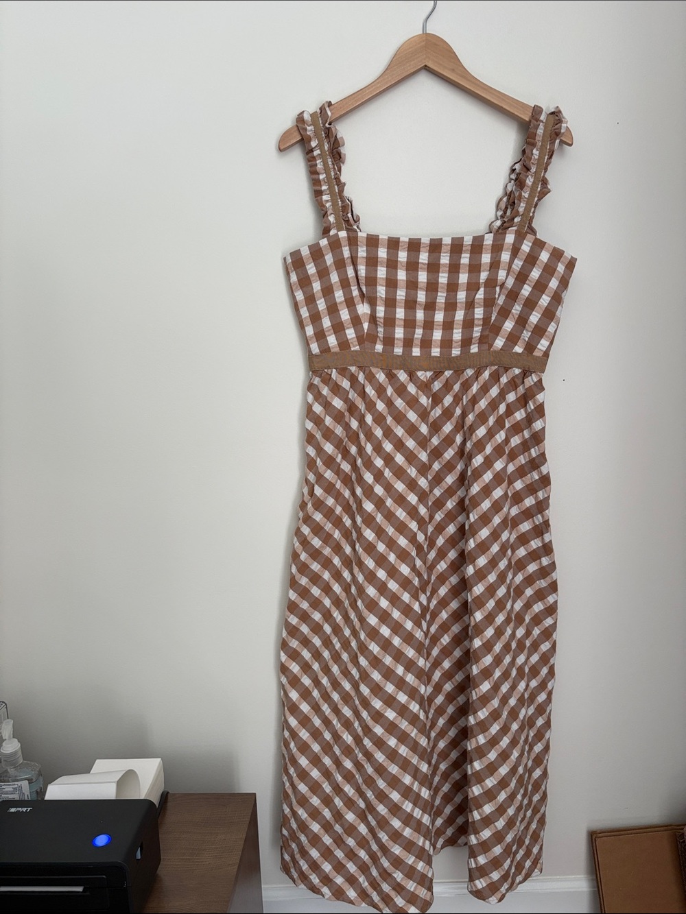 Tuckernuck Madeline Tan Gingham Midi Maxi Dress Adjustbl Straps Vacation Size XL